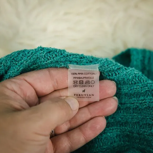 Peruvian Connection Size Small S Green Pima Cotton Ribbed 3/4 Sleeve Sweater