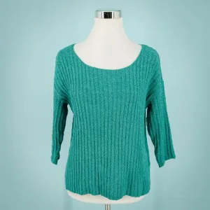 Peruvian Connection Size Small S Green Pima Cotton Ribbed 3/4 Sleeve Sweater