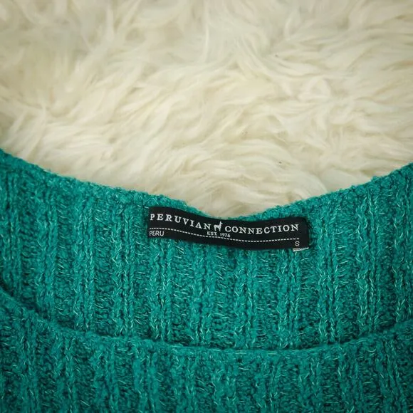 Peruvian Connection Size Small S Green Pima Cotton Ribbed 3/4 Sleeve Sweater