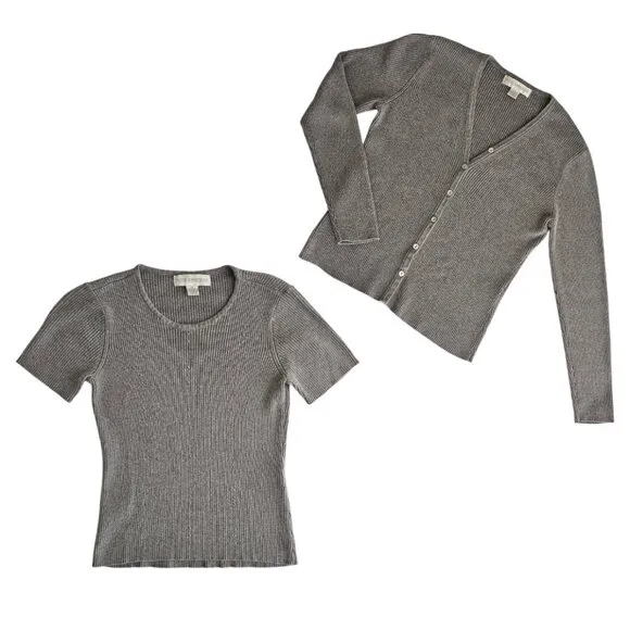 Petite Sophisticate Ribbed Cardigan &amp; Top Set | EUC | SP | Gray