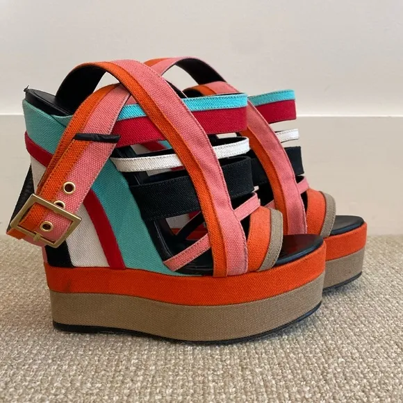 Pierre Hardy Canvas Colorblock Slingback Sandals Wedges