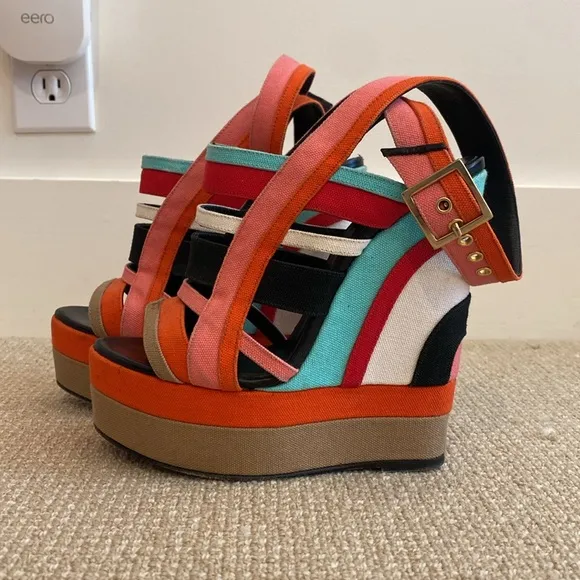 Pierre Hardy Canvas Colorblock Slingback Sandals Wedges