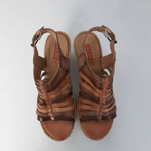 Pikolinos Gomera Brown and Tan Leather Wedge Sandals size 41
