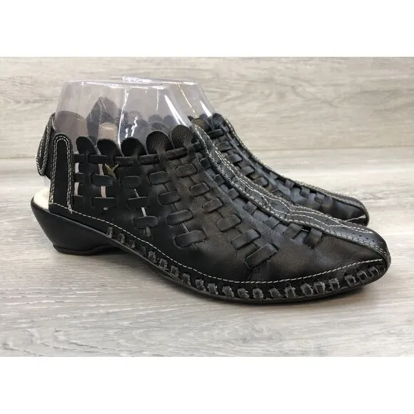 Pikolinos Women Romana Sandal  Woven Slingback Wedge Black Leather Shoes 7.5