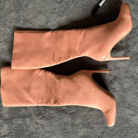 Pink Square Toe Calf Side-Zip Knee High Boots with Stiletto Heel