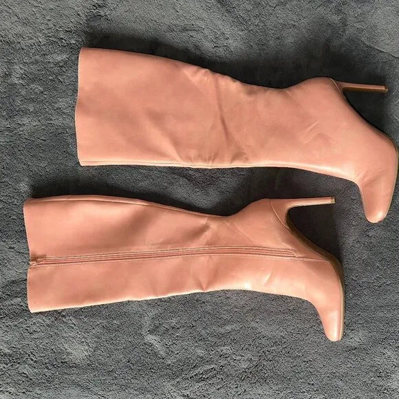 Pink Square Toe Calf Side-Zip Knee High Boots with Stiletto Heel