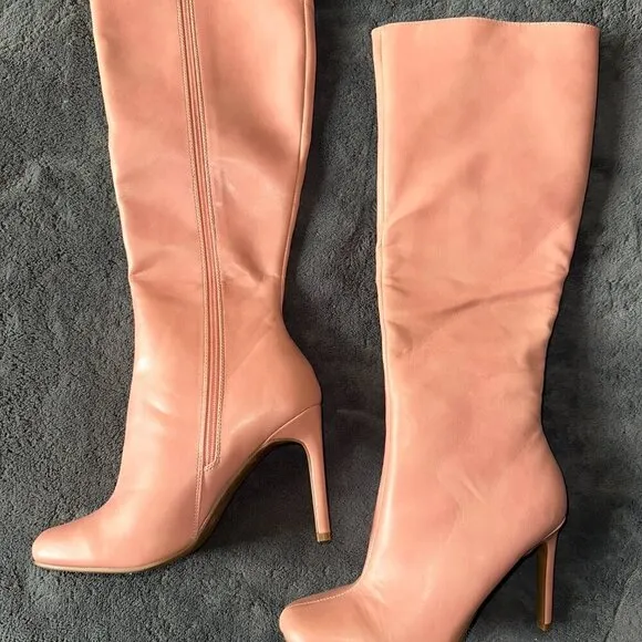 Pink Square Toe Calf Side-Zip Knee High Boots with Stiletto Heel