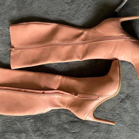 Pink Square Toe Calf Side-Zip Knee High Boots with Stiletto Heel