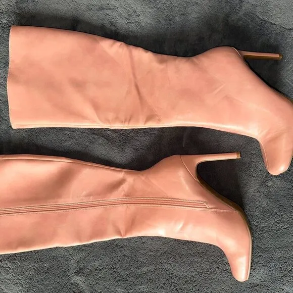 Pink Square Toe Calf Side-Zip Knee High Boots with Stiletto Heel