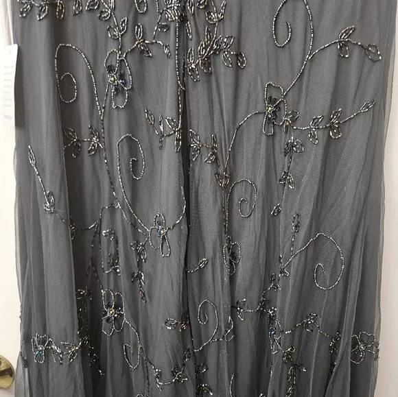Pisarro Nights Beaded Mesh Gown SZ 14 NEW Grey Silver beads