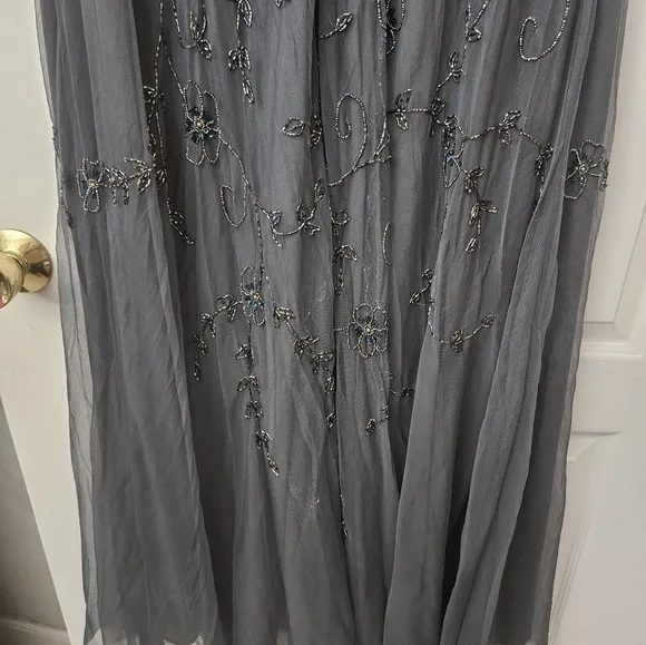 Pisarro Nights Beaded Mesh Gown SZ 14 NEW Grey Silver beads