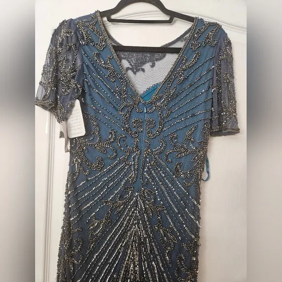 Pisarro Nights Illusion Beaded Mesh Column Gown Dress Sz 2 $268 cobalt D2437
