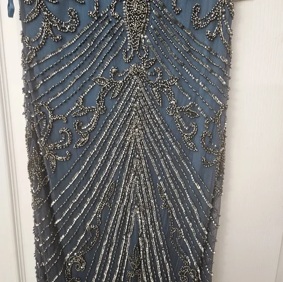 Pisarro Nights Illusion Beaded Mesh Column Gown Dress Sz 2 $268 cobalt D2437