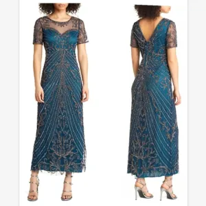 Pisarro Nights Illusion Beaded Mesh Column Gown Dress Sz 2 $268 cobalt D2437