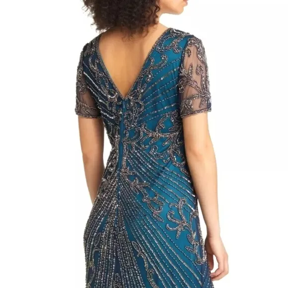 Pisarro Nights Illusion Beaded Mesh Column Gown Dress Sz 2 $268 cobalt D2437