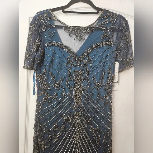 Pisarro Nights Illusion Beaded Mesh Column Gown Dress Sz 2 $268 cobalt D2437