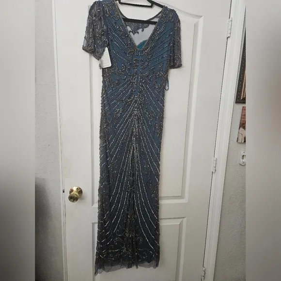 Pisarro Nights Illusion Beaded Mesh Column Gown Dress Sz 2 $268 cobalt D2437