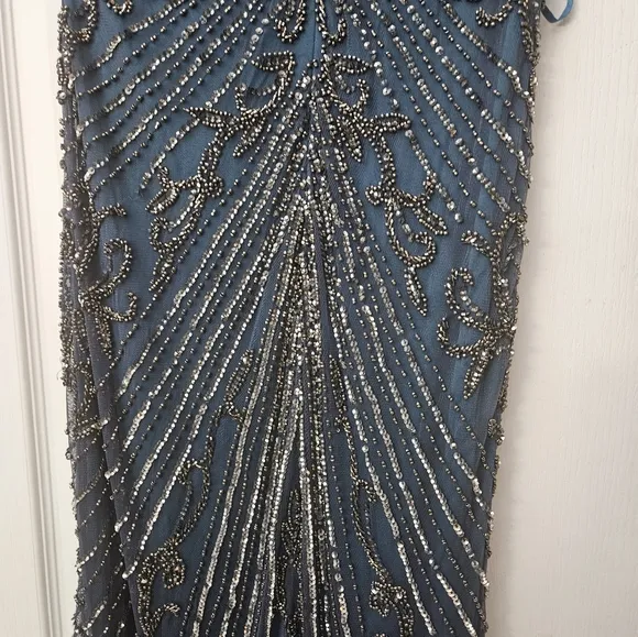 Pisarro Nights Illusion Beaded Mesh Column Gown Dress Sz 2 $268 cobalt D2437