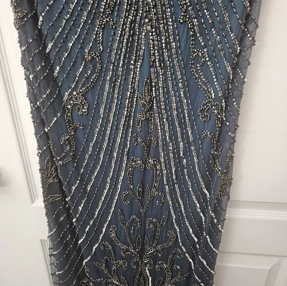 Pisarro Nights Illusion Beaded Mesh Column Gown Dress Sz 2 $268 cobalt D2437