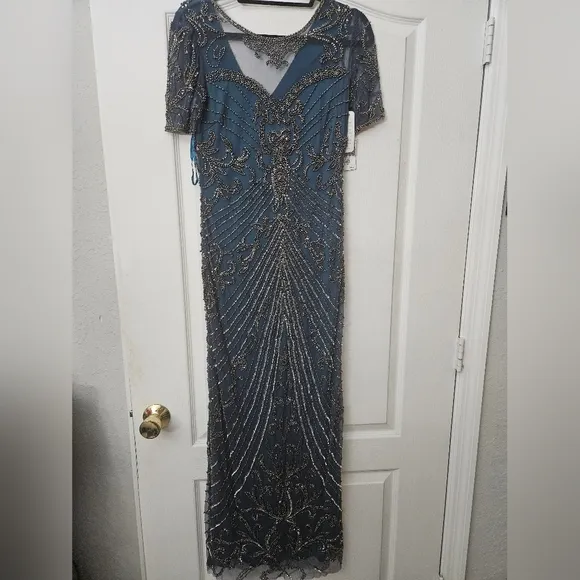 Pisarro Nights Illusion Beaded Mesh Column Gown Dress Sz 2 $268 cobalt D2437