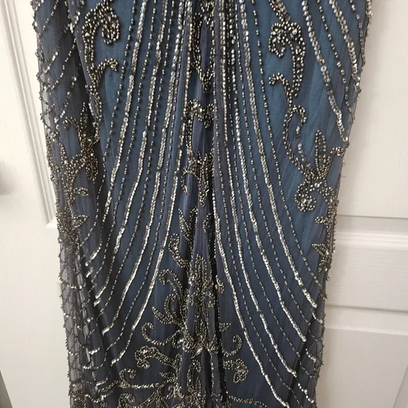 Pisarro Nights Illusion Beaded Mesh Column Gown Dress Sz 2 $268 cobalt D2437