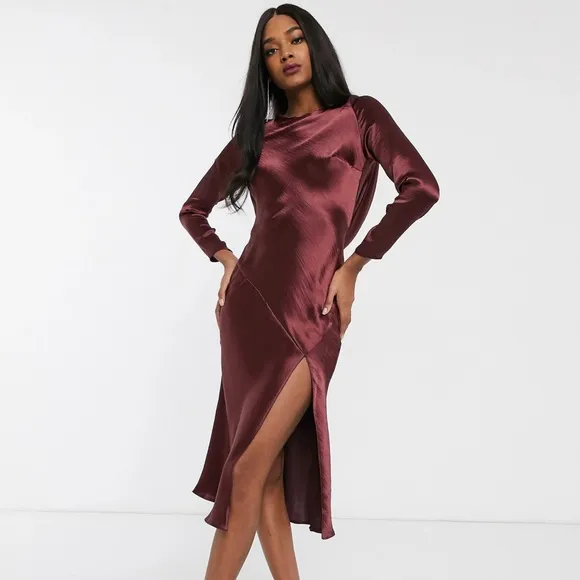 Plum Slip Midi Dress with Long Sleeves Size 14