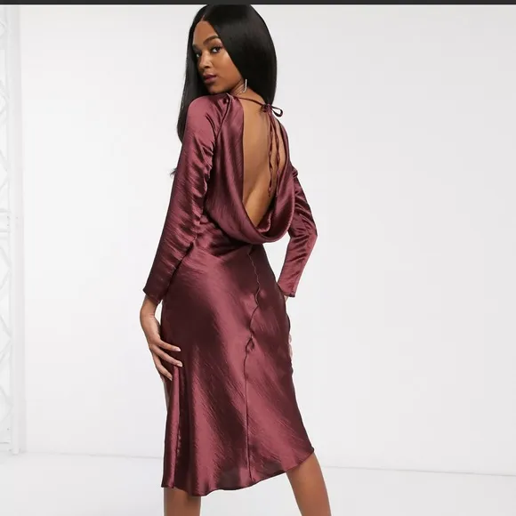 Plum Slip Midi Dress with Long Sleeves Size 14