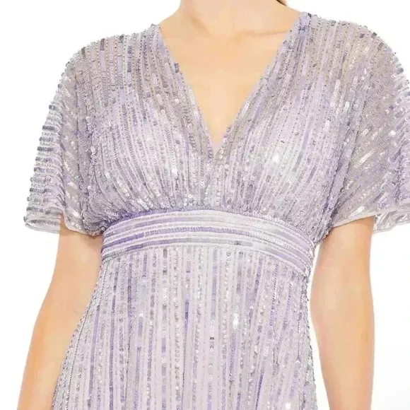 Plunging Neckline Bell Sleeve Sequin Embellished A-line Dress by Mac Duggal