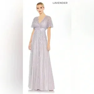 Plunging Neckline Bell Sleeve Sequin Embellished A-line Dress by Mac Duggal