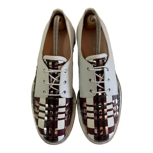 POLLINI Size 39 Laced Leather Shoes Burgundy Silver Woven Plaid Derby