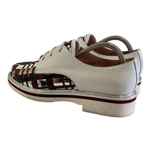 POLLINI Size 39 Laced Leather Shoes Burgundy Silver Woven Plaid Derby