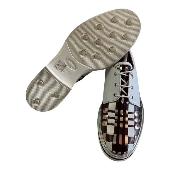 POLLINI Size 39 Laced Leather Shoes Burgundy Silver Woven Plaid Derby