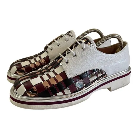 POLLINI Size 39 Laced Leather Shoes Burgundy Silver Woven Plaid Derby
