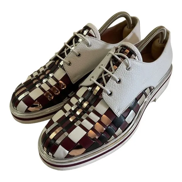 POLLINI Size 39 Laced Leather Shoes Burgundy Silver Woven Plaid Derby