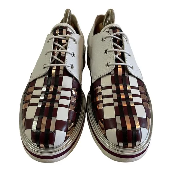 POLLINI Size 39 Laced Leather Shoes Burgundy Silver Woven Plaid Derby