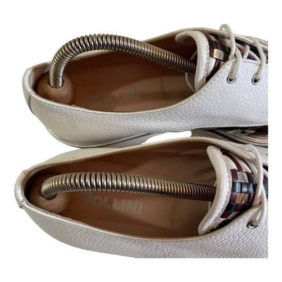 POLLINI Size 39 Laced Leather Shoes Burgundy Silver Woven Plaid Derby