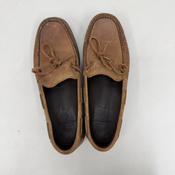 Polo Ralph Lauren Alm Brown Leather Slip On Boat Deck Loafers Shoes Mens 8.5 D