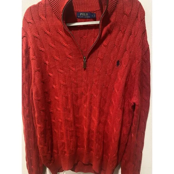 Polo Ralph Lauren Men's Red Cable Knit Fisherman Cotton Sweater Sz L Preppy