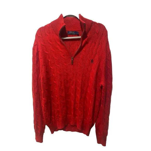 Polo Ralph Lauren Men's Red Cable Knit Fisherman Cotton Sweater Sz L Preppy