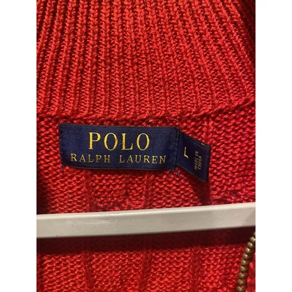 Polo Ralph Lauren Men's Red Cable Knit Fisherman Cotton Sweater Sz L Preppy