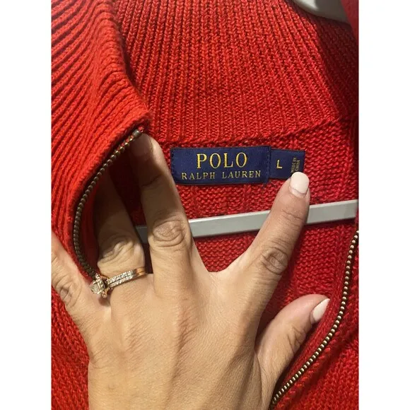 Polo Ralph Lauren Men's Red Cable Knit Fisherman Cotton Sweater Sz L Preppy