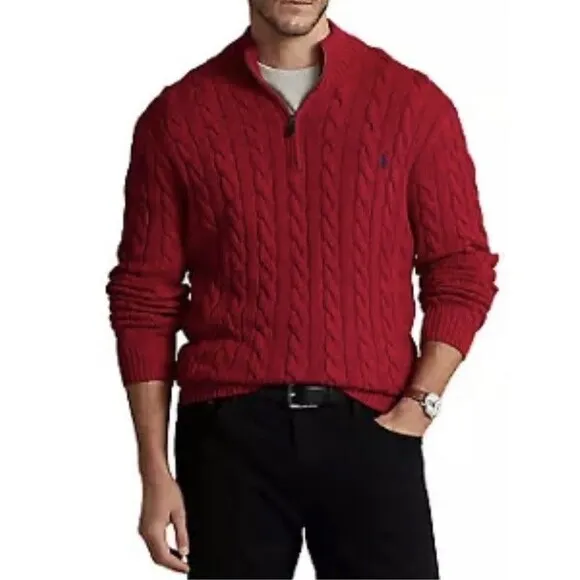 Polo Ralph Lauren Men's Red Cable Knit Fisherman Cotton Sweater Sz L Preppy