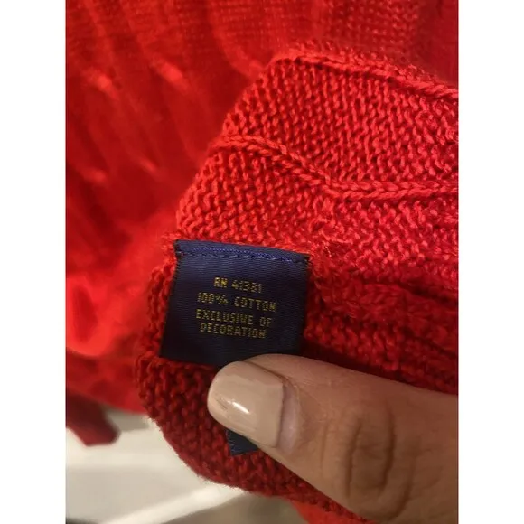 Polo Ralph Lauren Men's Red Cable Knit Fisherman Cotton Sweater Sz L Preppy