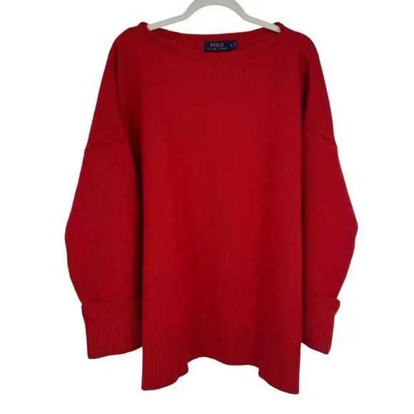 Polo Ralph Lauren Womens Sweater Size L Red Merino Wool Cashmere Boat Neck Boxy