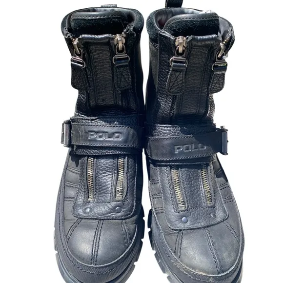 Polo Sport Black Motorcylce Double Zipper Black Leather Mens Boots Size 9D