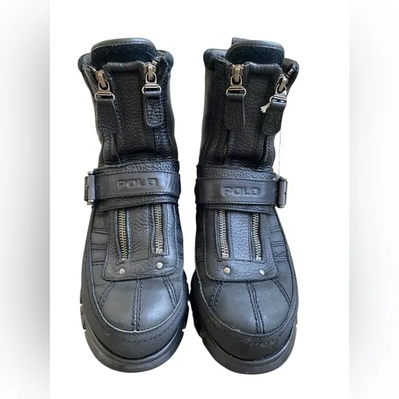 Polo Sport Black Motorcylce Double Zipper Black Leather Mens Boots Size 9D