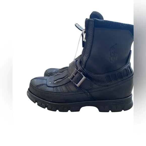 Polo Sport Black Motorcylce Double Zipper Black Leather Mens Boots Size 9D