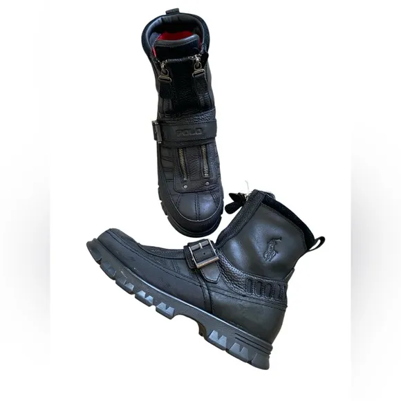 Polo Sport Black Motorcylce Double Zipper Black Leather Mens Boots Size 9D
