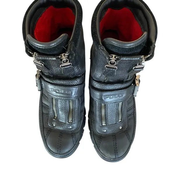Polo Sport Black Motorcylce Double Zipper Black Leather Mens Boots Size 9D
