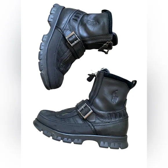 Polo Sport Black Motorcylce Double Zipper Black Leather Mens Boots Size 9D